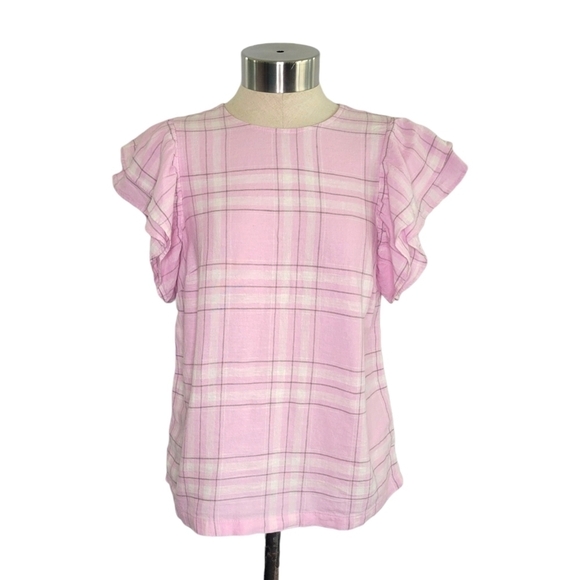 A New Day Pink Plaid Ruffle Sleeve Linen Blend Top Size XS Lightweight Spring - Picture 2 of 8